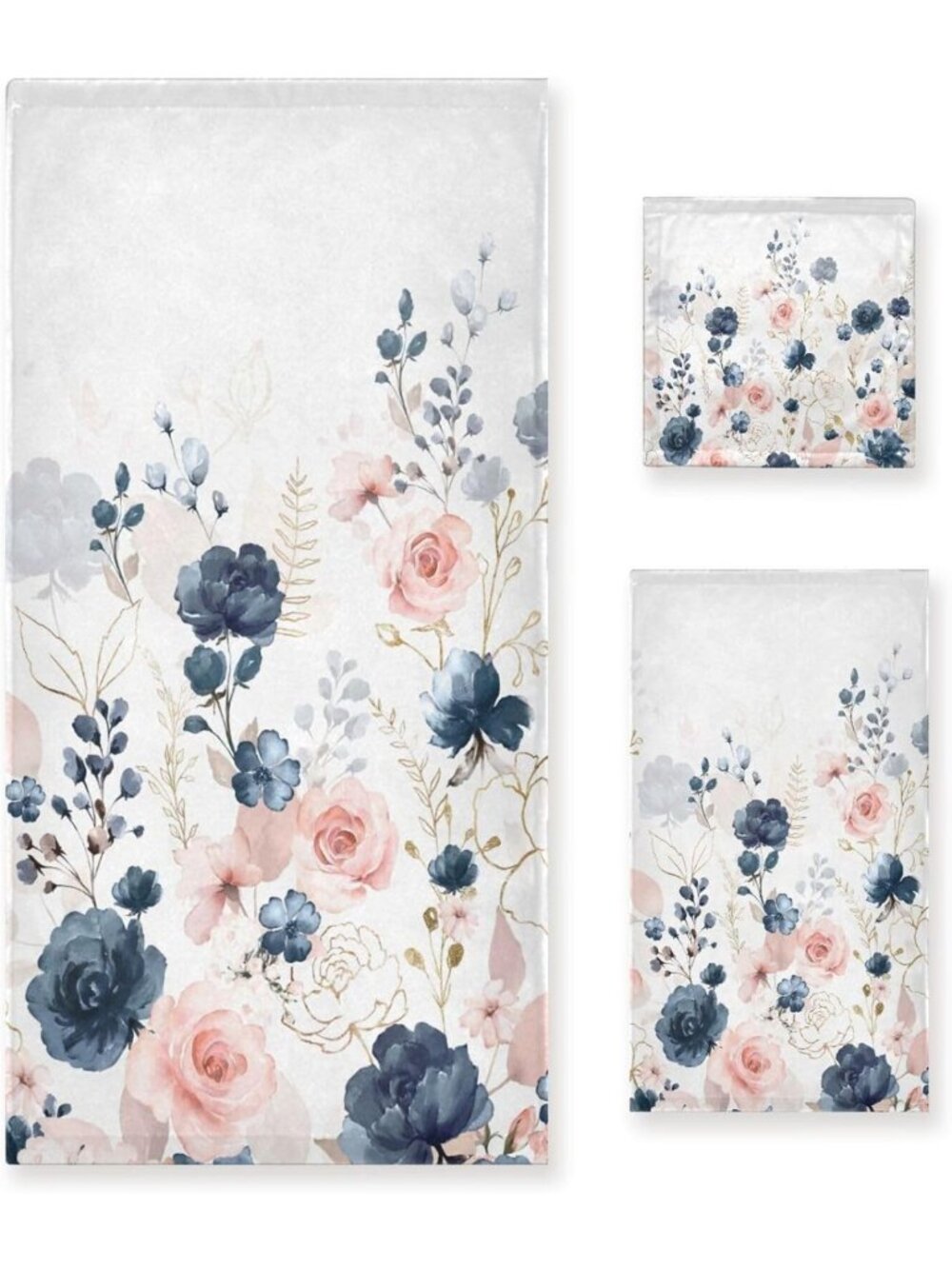 Navy Blue Floral Bath Towel Set - Soft Botanical Hand Towels & Decorative